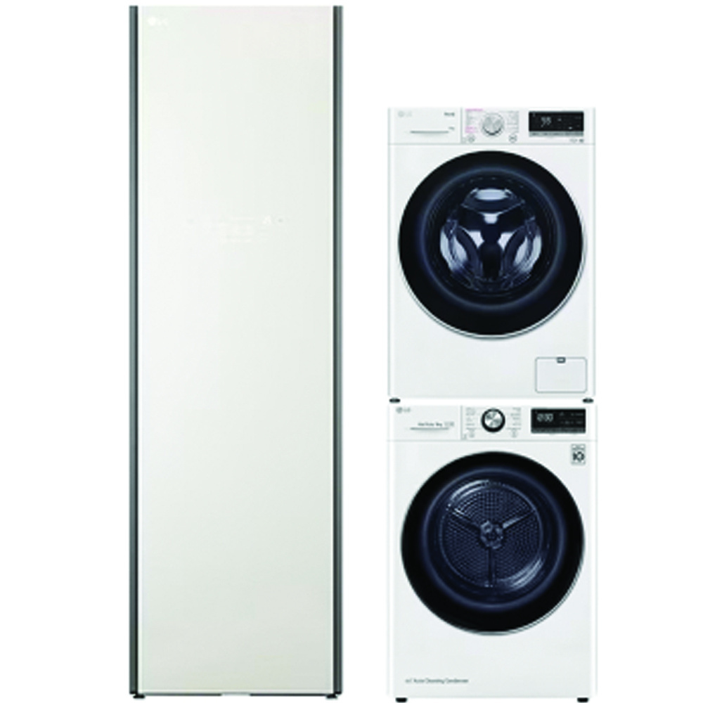 LG AI DD™ Máy giặt lồng ngang 13kg Trắng FV1413S4W, Máy sấy LG DUAL Inverter Heat Pump™ 9kg (trắng) DVHP09W và Tủ chăm sóc quần áo thông minh - LG styler - Màu be S5BOC