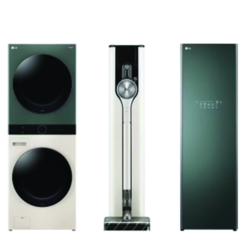 Tháp giặt sấy LG WashTower™ WT2116SHEG, Máy hút bụi cầm tay LG CordZero A9T-ULTRA và Tủ chăm sóc quần áo LG Styler - Màu xanh lá cây S5GOC