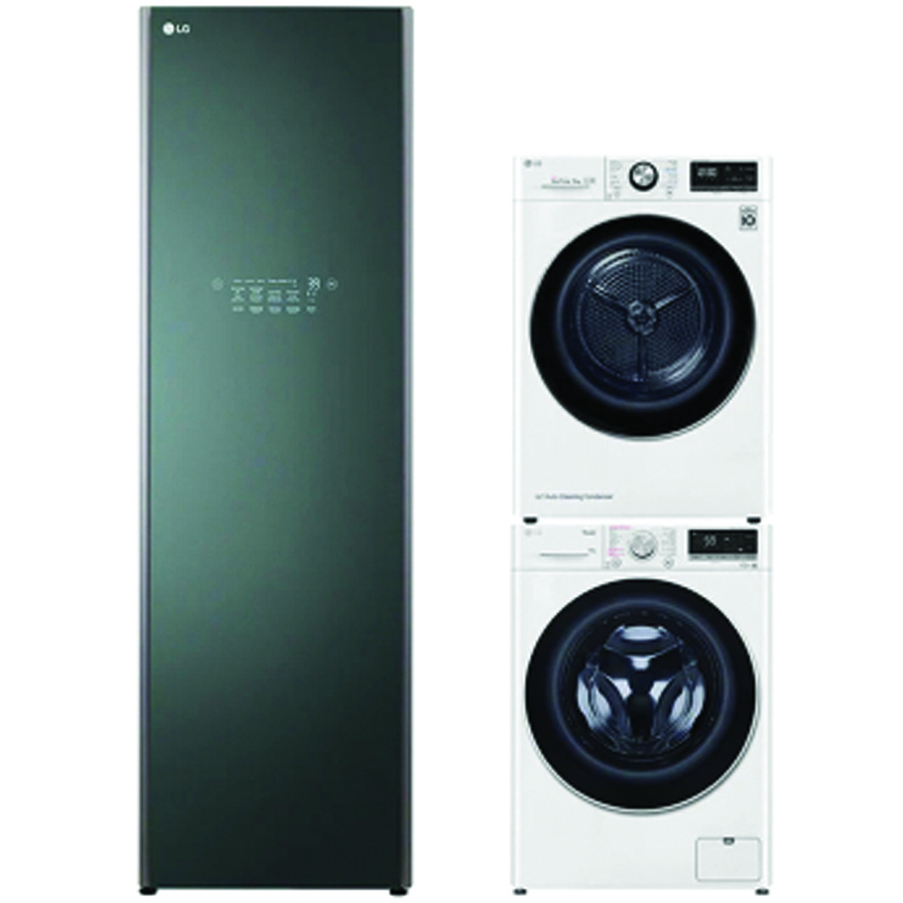 LG AI DD™ Máy giặt lồng ngang 13kg Trắng FV1413S4W, Máy sấy LG DUAL Inverter Heat Pump™ 9kg (trắng) DVHP09W và Tủ chăm sóc quần áo thông minh - LG styler - Màu xanh lá cây S5GOC