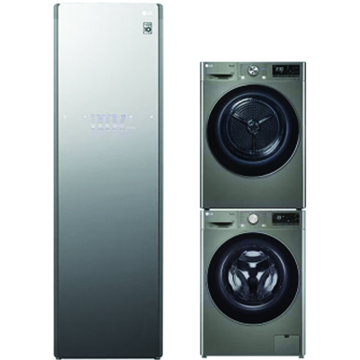 LG AI DD™ Máy giặt lồng ngang 12kg Xám FV1412S3PA, Máy sấy LG DUAL Inverter Heat Pump™ 10,5kg (đen) DVHP50B và Tủ chăm sóc quần áo thông minh - LG styler – Màu gương kính S5MB